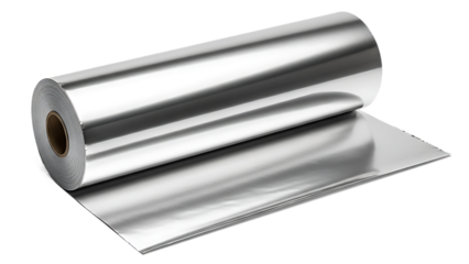 Roll of shiny aluminum foil for cooking and wrapping isolated on transparent background