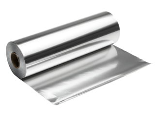 Roll of shiny aluminum foil for cooking and food storage isolated on transparent background