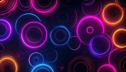 Vibrant, concentric circles glow neon shades on a dark background, evoking a lively, abstract, digital texture