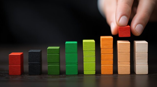 Human hand placing a red wooden block atop a colorful ascending bar graph structure