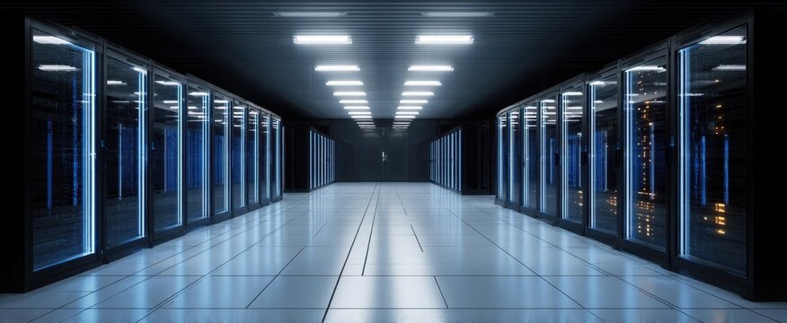 The Server Room Corridor with Illuminated Racks and Futuristic Blue LED Lighting