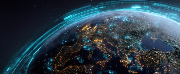 The Earth at Night with Futuristic Digital Network Overlay and City Lights