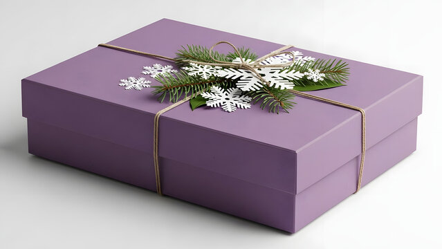 Purple gift box with evergreen and snowflake decoration