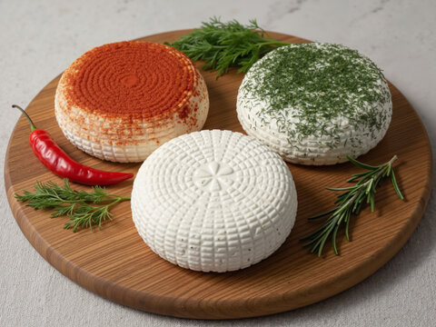 Three types of Adyghe cheese on a wooden board with herbs and spices