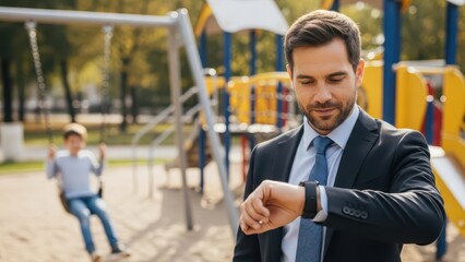 Caucasian young adult male in suit checking watch at playground with child on swing
