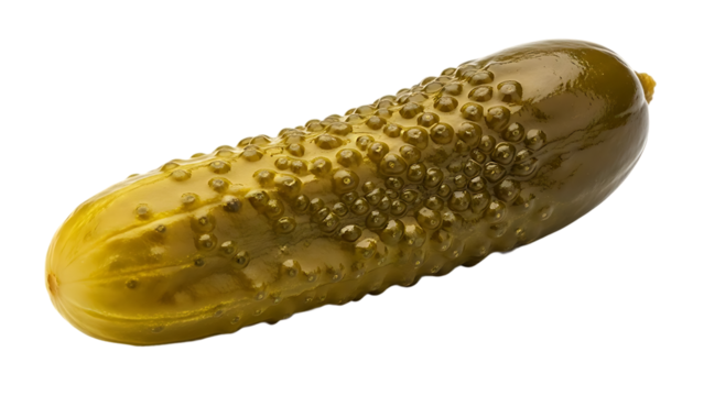 Single dill pickle spear close up isolated on transparent background
