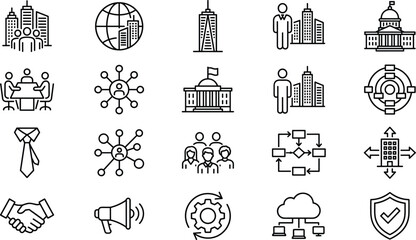 Global Business, Corporate Government, and Networking Vector Line Icons Set: Management, Partnership, Finance, Workflow, Protection, and Communication Concepts