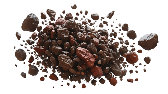 Cluster of rocks and stones floating in space isolated on transparent background