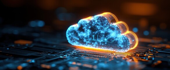 The Cloud Hologram Over Futuristic Circuit Board Representing Data Storage And Connectivity