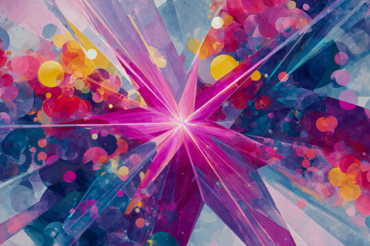 Vibrant abstract digital artwork featuring dynamic pink starburst with layered translucent geometric shapes and colorful glowing orbs against a textured background