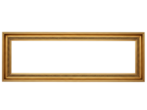 Ornate gold picture frame with rectangular opening isolated on transparent background