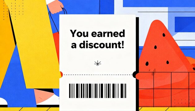 A colorful illustration showing a discount voucher alongside a watermelon and a person holding a shopping bag, highlighting savings and fresh produce. - Powered by Adobe