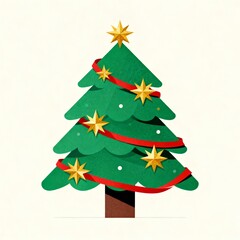 A festive, stylized Christmas tree adorned with golden stars and red ribbons on a simple background.
