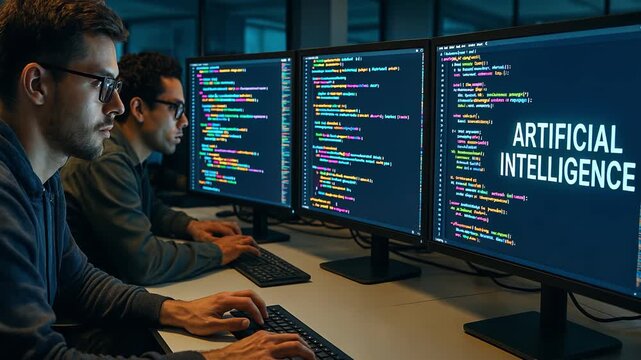 Developers write code on multiple monitors. Text lines and focus, artificial intelligence research and digital innovation. Programmers collaborate in front of glowing screens, developing AI systems.