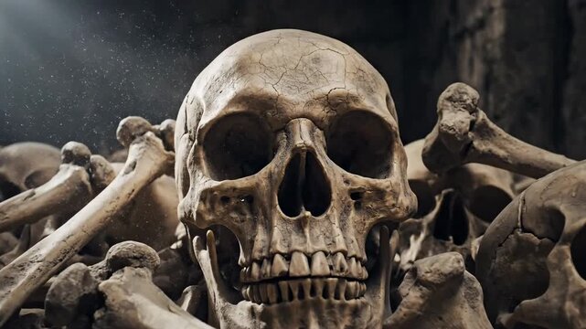 Pile of human skulls and bones in a dark dusty crypt illuminated by dramatic light beam