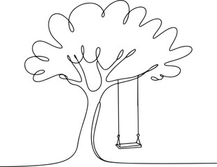 Continuous Line Art Illustration of Tree with Hanging Swing Nostalgic Minimal Handmade Style