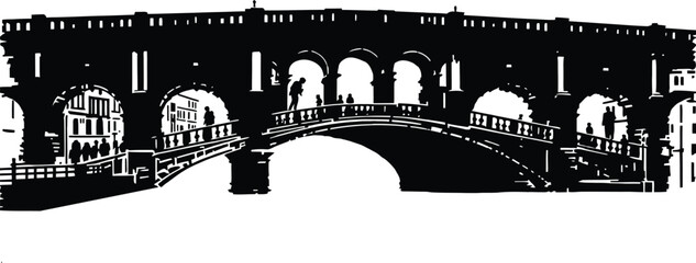 High-Definition Solid Black Silhouette of a Ponte di Rialto Bridge with Perfect Proportions and Sharp Edges black and white with white background