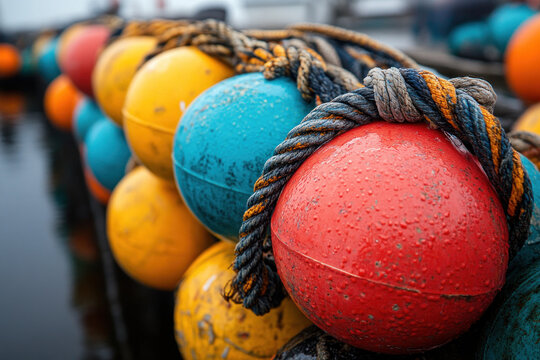 A close-up of brightly colored sea buoys tied with a thick rope 