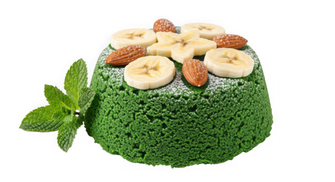 Vibrant green cake topped with banana slices and nuts - Powered by Adobe
