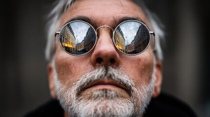 Close up portrait of mature man with round reflective eyeglasses capturing a street scene