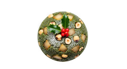 Festive chocolate egg decorated with nuts and holly berries