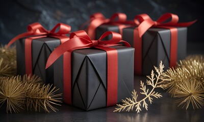 Elegant black gift boxes with vibrant red ribbons and golden sprigs create a festive holiday mood perfect for luxury branding and seasonal marketing