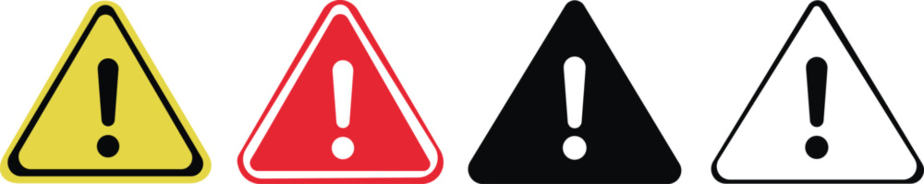 Warning triangle icon set Warning alert icon set with exclamation mark in triangle, black and red outline style, ideal for safety, caution, or error UI indicators 