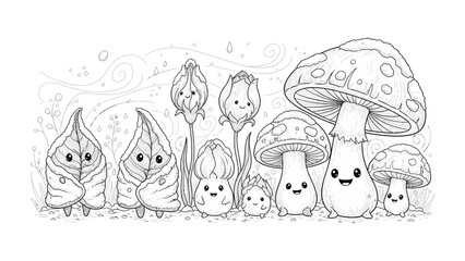 Whimsical Forest Friends Gathering: A delightful illustration showcases adorable, personified leaves, mushrooms and a flower, gathering together in a joyous scene filled with nature's charm. 