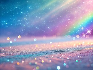 Dreamy pastel landscape with rainbow and sparkling stars creating magical atmosphere