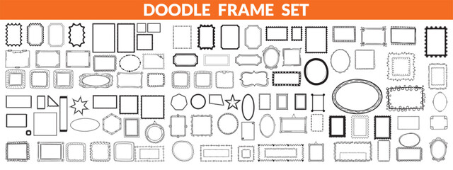 Doodle frame set, vector hand drawn stamp border, vintage abstract wavy post stamp simple design. Blue decorative rectangle label, empty banner shape collection. Coastal retro postmark doodle big set 