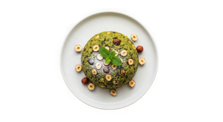 Delicious green risotto topped with hazelnuts and herbs on a white plate