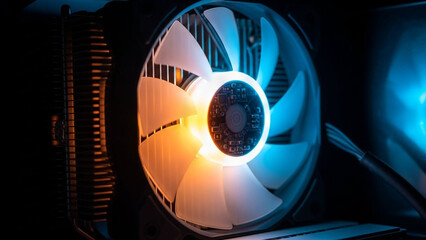 PC cooling fan with a visible circuit hub, illuminated by warm and cool LED lights, Great for tech reviews, thermal management solutions