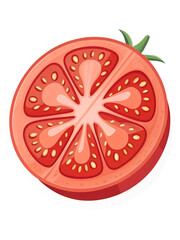 Tomato slice clipart showing simple seeds, flat red tones, smooth vector edges, transparent background.