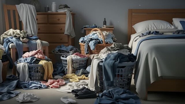 Messy bedroom with scattered laundry baskets unmade bed and clothes strewn across floor.