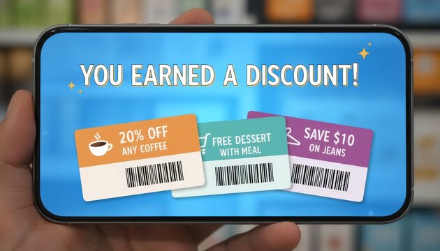 A mobile phone displays a vibrant screen announcing discounts on coffee, dessert, and jeans, suggesting rewards for customer loyalty.