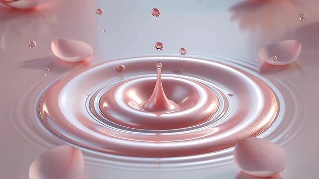 Glossy pink liquid drop creating a crown splash among cherry blossom petals in a 3D animation, depicting luxury skincare and cosmetic hydration.