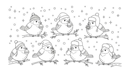 Winter Bird Celebration: A delightful illustration of eight charming birds, each adorned in cozy winter hats, perched on branches amidst a whimsical snowfall. capturing the holiday spirit.