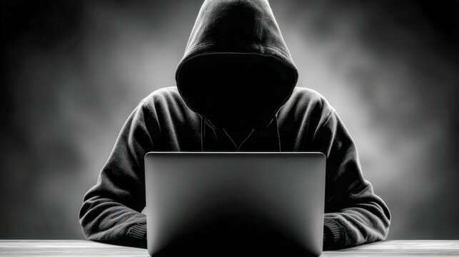Mysterious person in a dark hoodie working on a laptop with obscured face against a smoky grey background, symbolizing online anonymity and cybersecurity risks