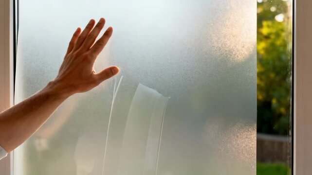 Medium shot capturing a closeup of hands installing privacy smart window film designed to obscure visibility while allowing natural light