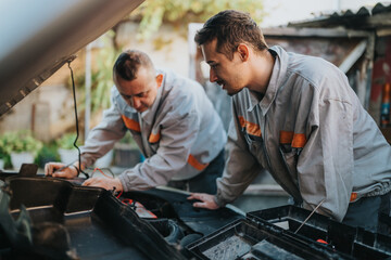 Two auto technicians in gray overalls inspect the engine under an open hood, using tools to...