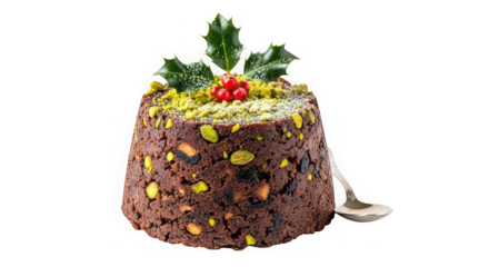 Rich festive christmas pudding with holly garnish and spoon