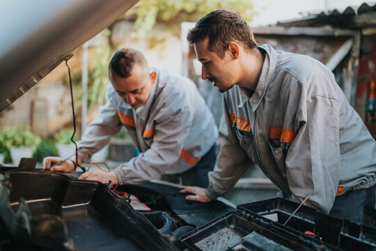 Two auto technicians in gray overalls inspect the engine under an open hood, using tools to diagnose and repair. The scene emphasizes teamwork and hands-on maintenance in a workshop.