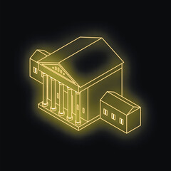 Fototapeta premium Isometric projection of a glowing public building with columns at night, possibly a courthouse, bank, or government office