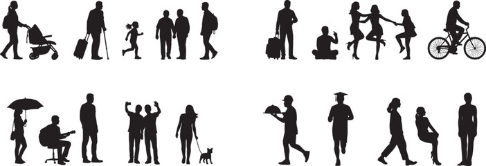 Vector Diverse People Silhouettes Collection for Architectural Entourage High-Resolution Set of Black Figures Engaged in Various Activities (Family, Travel, Leisure, Professional) Displayed Across
