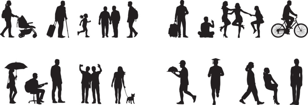 Vector Diverse People Silhouettes Collection for Architectural Entourage High-Resolution Set of Black Figures Engaged in Various Activities (Family, Travel, Leisure, Professional) Displayed Across