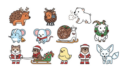 Festive Animal Collection: A charming assembly of adorable animals is captured, dressed in holiday attire, each exuding warmth and charm