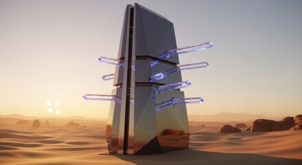 Futuristic obelisk with crystal protrusions in desert landscape