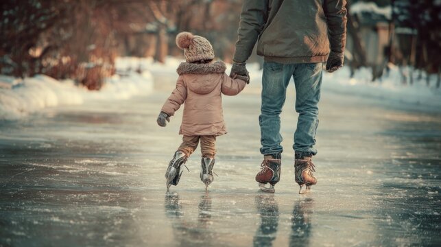 A child learning to ice skate on a frozen pond with a parent,