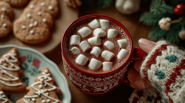 Hands in a cozy sweater holding a warm cup of cocoa with marshmallows and cookies, Christmas decorations, a gift and fir branches. Winter mood. Merry Christmas!