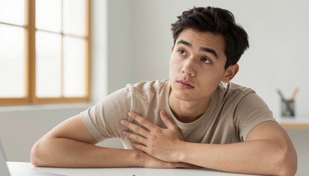 A young man with dark, tousled hair sits at a desk, resting his left arm on the surface and touching his chest with his right hand